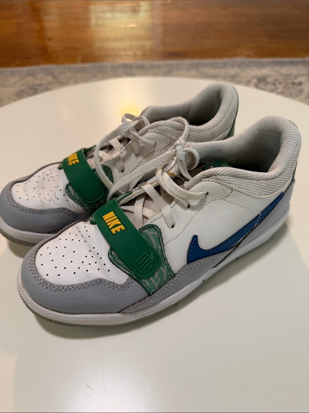 Nike JORDANS Kids White, Gray & Blue Sneakers with Green Strap